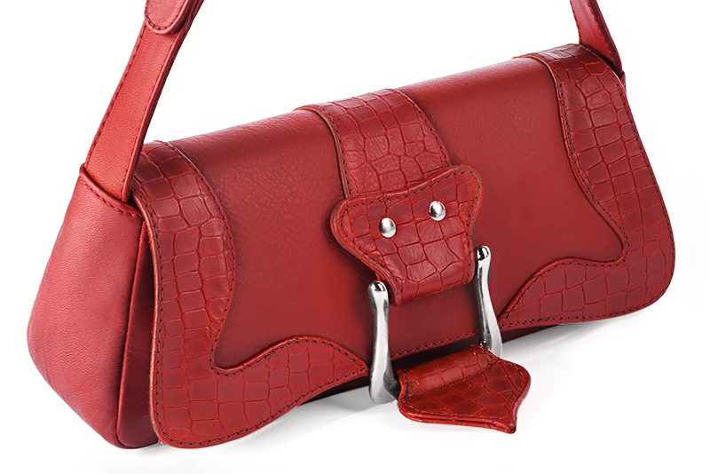 Scarlet red women's dress handbag, matching pumps and belts. Front view - Florence KOOIJMAN